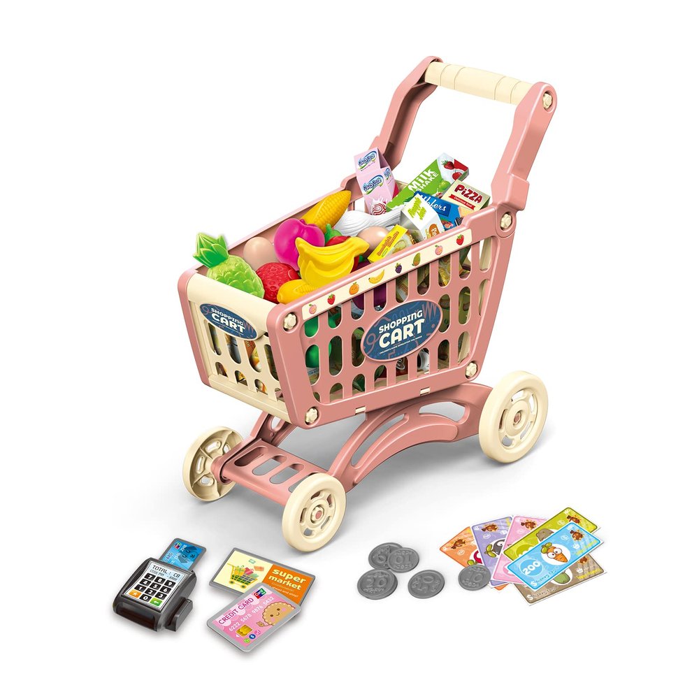 RedCrab Kids Shopping Cart Toy Supermarket 54pcs Playset Included Grocery Cart Toy,Credit Card Pretend Fruit Vegetables Shop Accessories for Boy Girl Kid (Pink)
