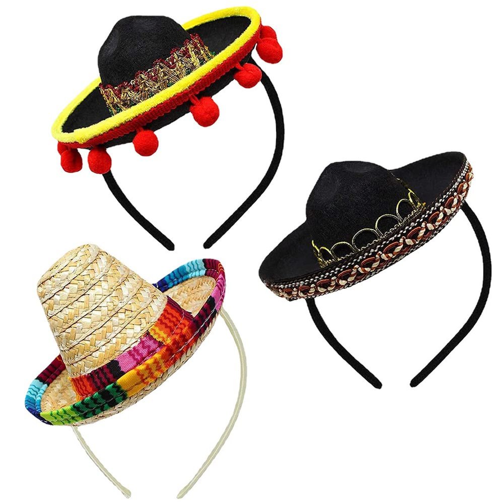 3 Pack Cinco De Mayo Fiesta Headbands Party Decorations Non-woven and Straw Sombrero Party Hats for Kids Pet