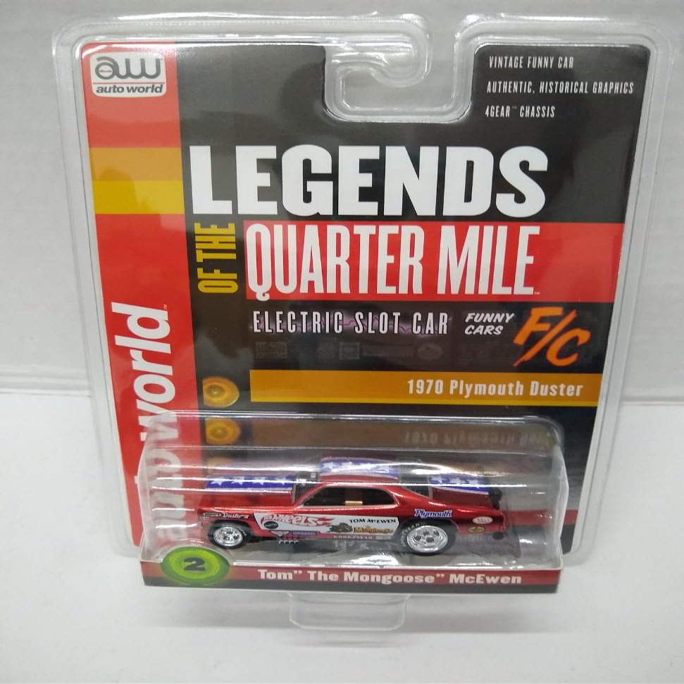 Auto World SC369-2 Legends of The Quarter Mile Tom The Mongoose McEwen '70 Duster F/C HO Scale Electric Slot Car - Chrome Red