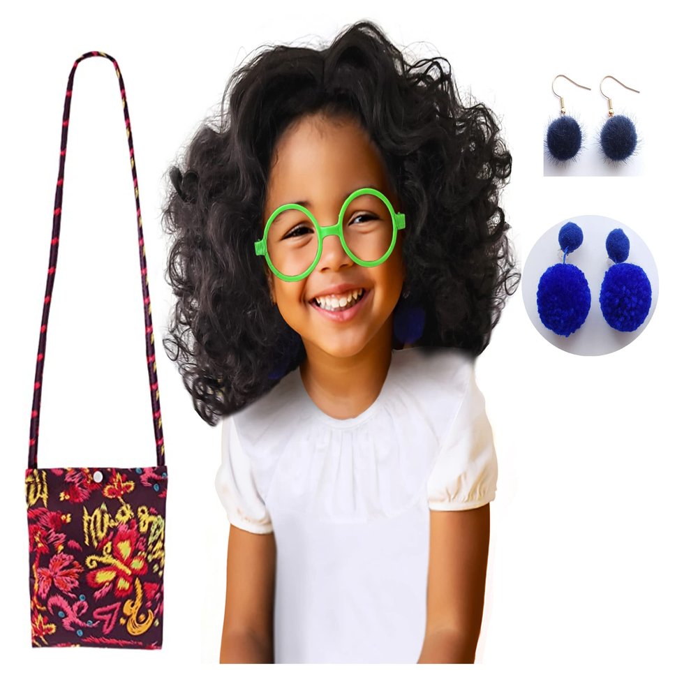 FANCYKIDS Girls Children Kids Ladies Cosplay Wig Dress Up Bag Green Glasses Blue Earrings Costume Accessories (Black)