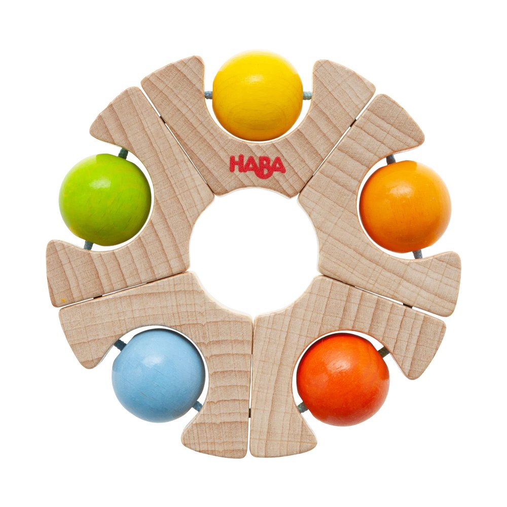 HABA Wooden Baby Teething Toy & Montessori Grasping Wooden Rattle Rainbow Ball Wheel, Sensory Toys for Babies, Safe & Sustainable Baby Grasping Toys for 6-12 Months, Made in Germany