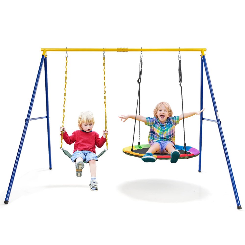Costzon 660lbs Metal Swing Sets for Backyard, Heavy Duty Swing Set with 2 Seats, Adjustable Ropes, Ground Stakes, Swingset Outdoor for Kids, Playground