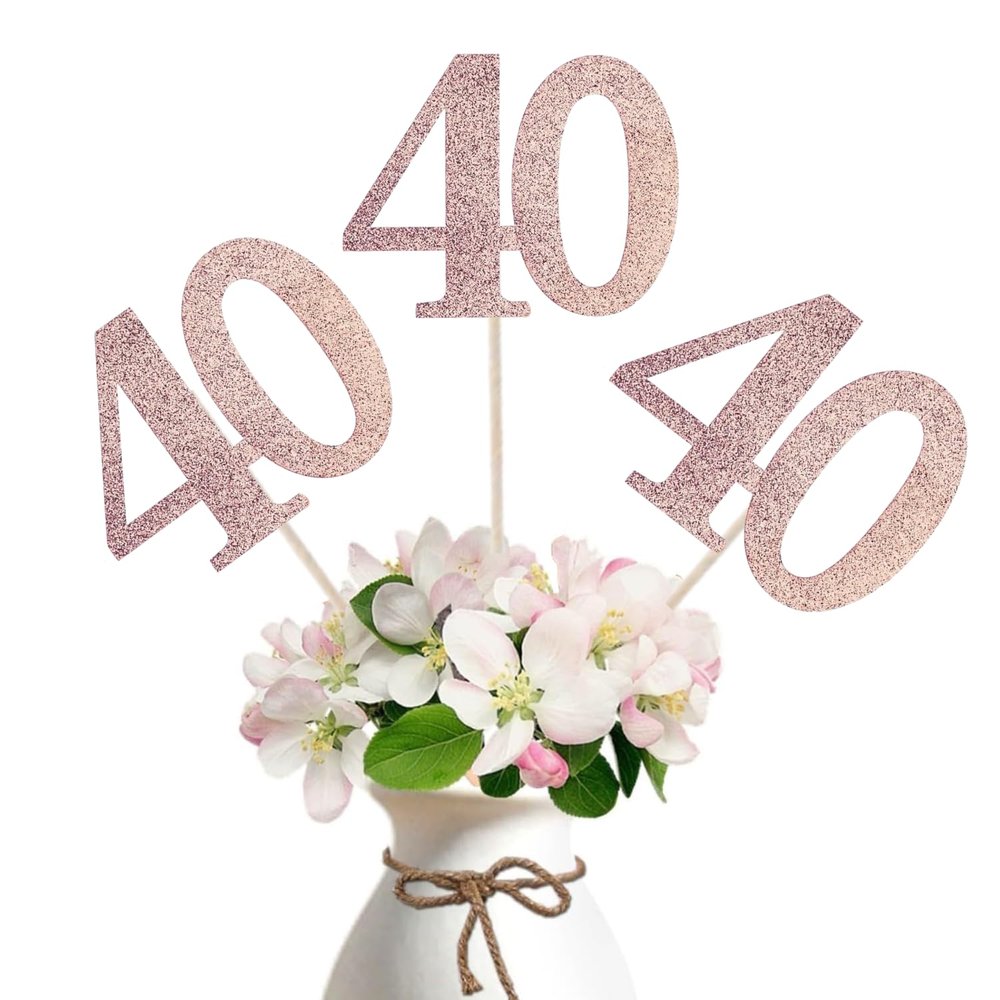 10-Pack Double Sided Glitter 40th Birthday Centerpiece Anniversary Centerpiece Sticks, Number 40 Table Topper Cake Topper for 40th Birthday Anniversary Table Party Decorations (Double Sided rose gold)