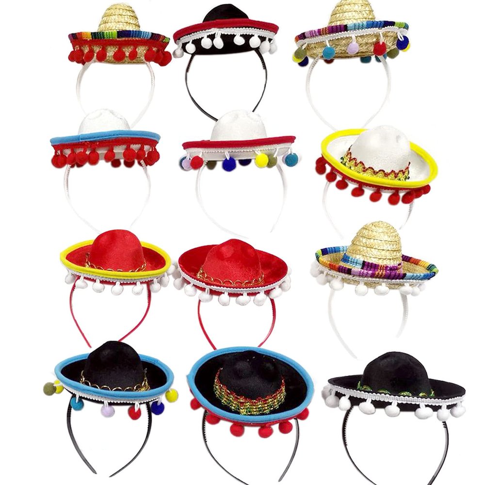 Tiydiygo 12PCS Cinco De Mayo Fiesta Fabric Straw Sombrero Headbands,Luau Event Photo Props, Mexican Theme Decorations,Party Favors Supplies Costume Fiesta Headbands for Women Girls Pet (12 PCS SET)
