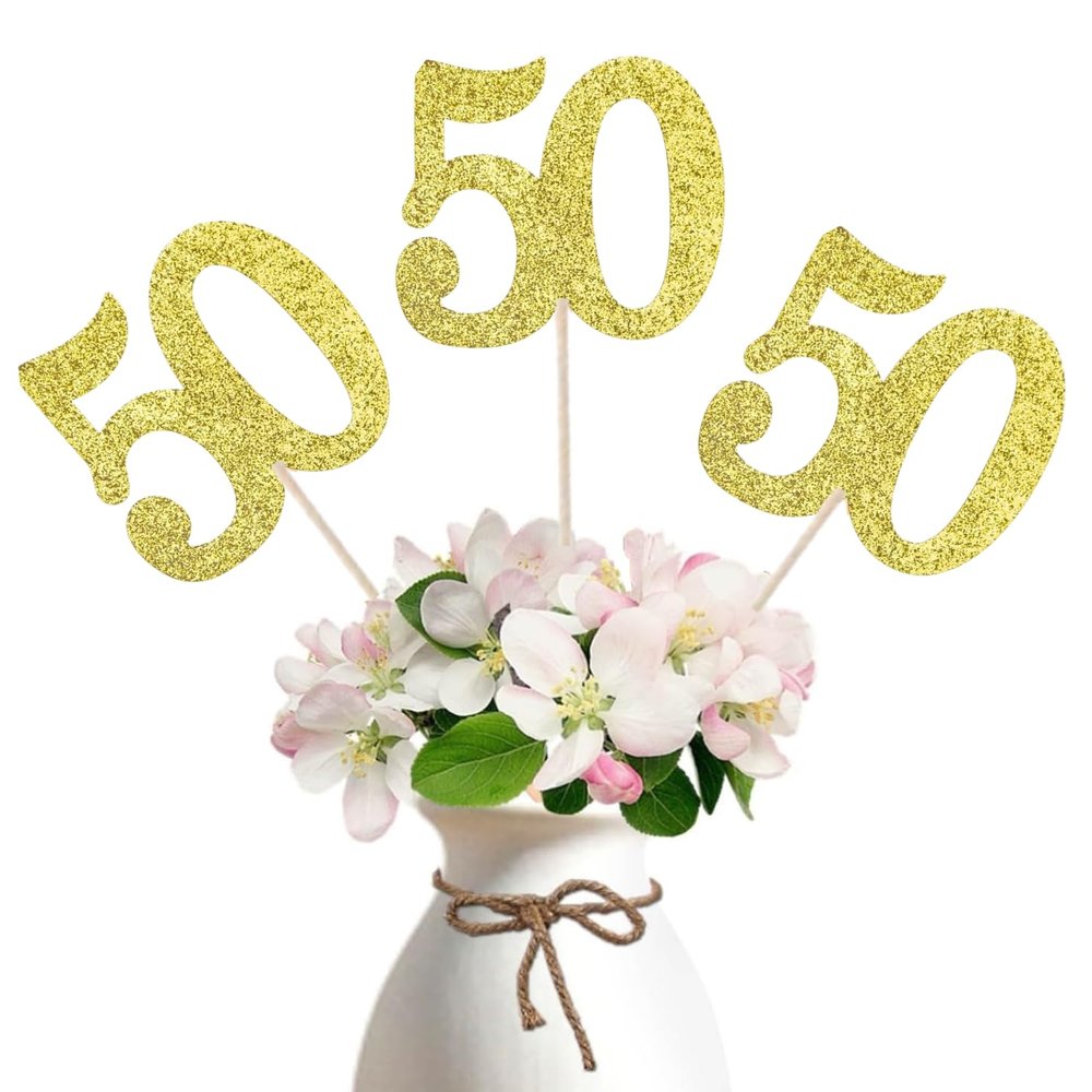 10-Pack Double Sided Glitter 50th Birthday Centerpiece Anniversary Centerpiece Sticks, Number 50 Table Topper Cake Topper for 50th Birthday Anniversary Table Party Decorations (Double Sided gold)