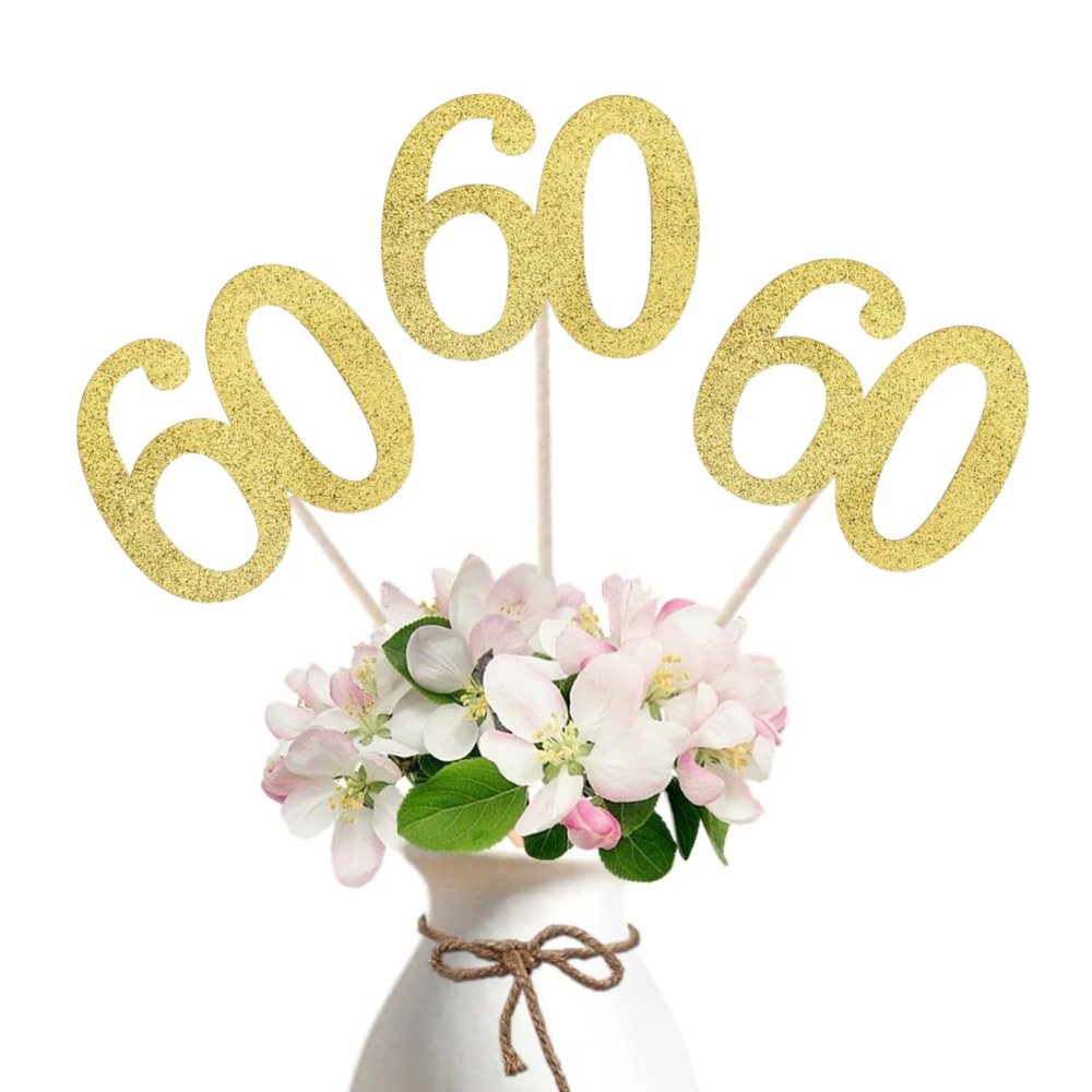 10-Pack Double Sided Glitter 60th Birthday Centerpiece Anniversary Centerpiece Sticks, Number 60 Table Topper Cake Topper for 60th Birthday Anniversary Table Party Decorations (Double Sided gold)