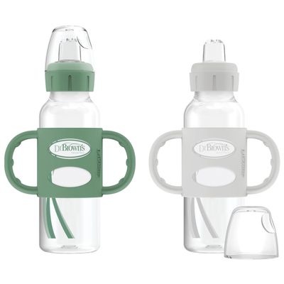 Dr. Brown's Milestones Narrow Sippy Spout Bottle with 100% Silicone Handles, Easy-Grip Handles with Soft Sippy Spout, 8oz/250mL, Green & Gray, 2-Pack, 6m+