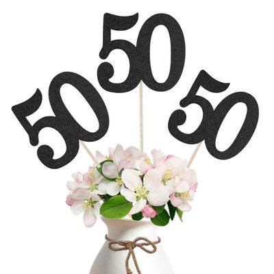10-Pack Double Sided Glitter 50th Birthday Centerpiece Anniversary Centerpiece Sticks, Number 50 Table Topper Cake Topper for 50th Birthday Anniversary Table Party Decorations (Double Dided black)