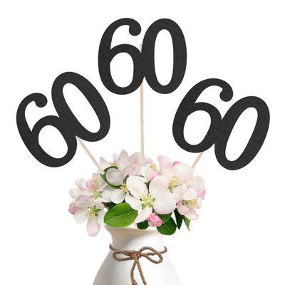 10-Pack Double Sided Glitter 60th Birthday Centerpiece Anniversary Centerpiece Sticks, Number 60 Table Topper Cake Topper for 60th Birthday Anniversary Table Party Decorations (Double Sided black)