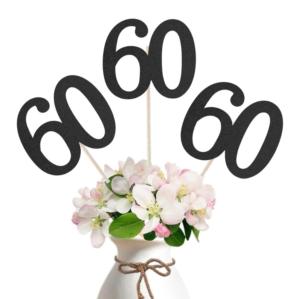 10-Pack Double Sided Glitter 60th Birthday Centerpiece Anniversary Centerpiece Sticks, Number 60 Table Topper Cake Topper for 60th Birthday Anniversary Table Party Decorations (Double Sided black)