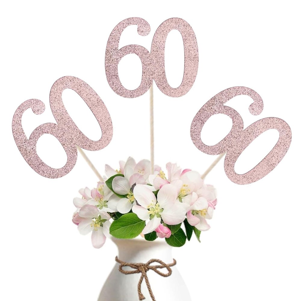10-Pack Double Sided Glitter 60th Birthday Centerpiece Anniversary Centerpiece Sticks, Number 60 Table Topper Cake Topper for 60th Birthday Anniversary Table Party Decorations (Double Sided rose gold)