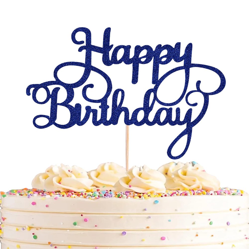 AHAORAY Happy Birthday Cake Topper - Blue Glitter Happy Birthday Cake Bunting Decor - Party Cake Decoration Supplies, for Photo Booth Props