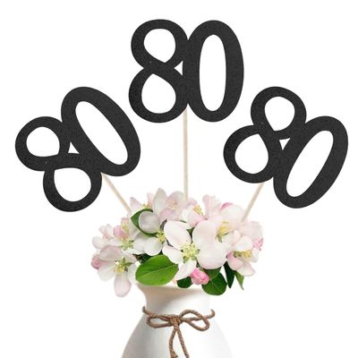 10-Pack Double Sided Glitter 80th Birthday Centerpiece Anniversary Centerpiece Sticks, Number 80 Table Topper Cake Topper for 80th Birthday Anniversary Table Party Decorations (Double Sided black)