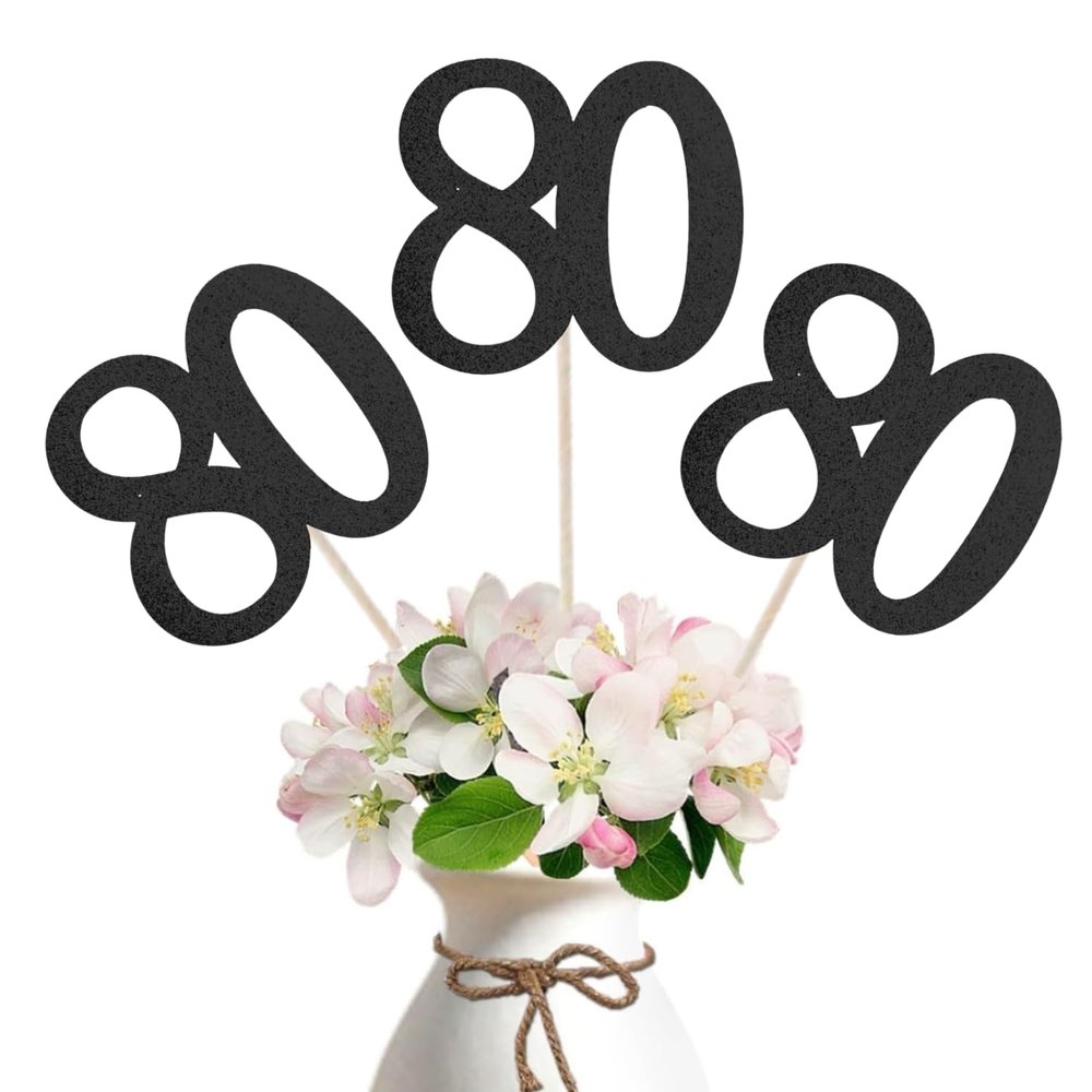 10-Pack Double Sided Glitter 80th Birthday Centerpiece Anniversary Centerpiece Sticks, Number 80 Table Topper Cake Topper for 80th Birthday Anniversary Table Party Decorations (Double Sided black)