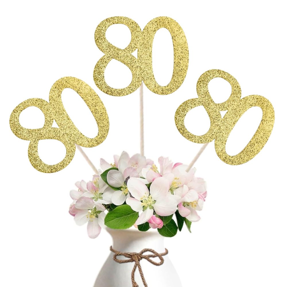 10-Pack Double Sided Glitter 80th Birthday Centerpiece Anniversary Centerpiece Sticks, Number 80 Table Topper Cake Topper for 80th Birthday Anniversary Table Party Decorations (Double Sided gold)