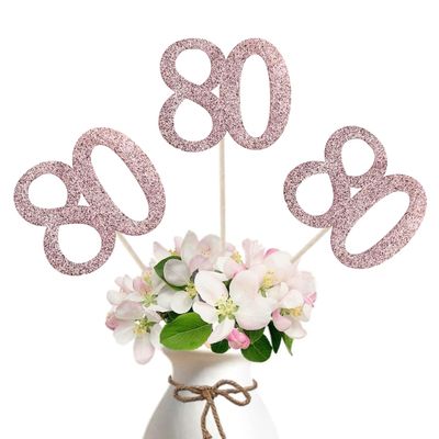 10-Pack Double Sided Glitter 80th Birthday Centerpiece Anniversary Centerpiece Sticks, Number 80 Table Topper Cake Topper for 80th Birthday Anniversary Table Party Decorations (Double Sided rose gold)