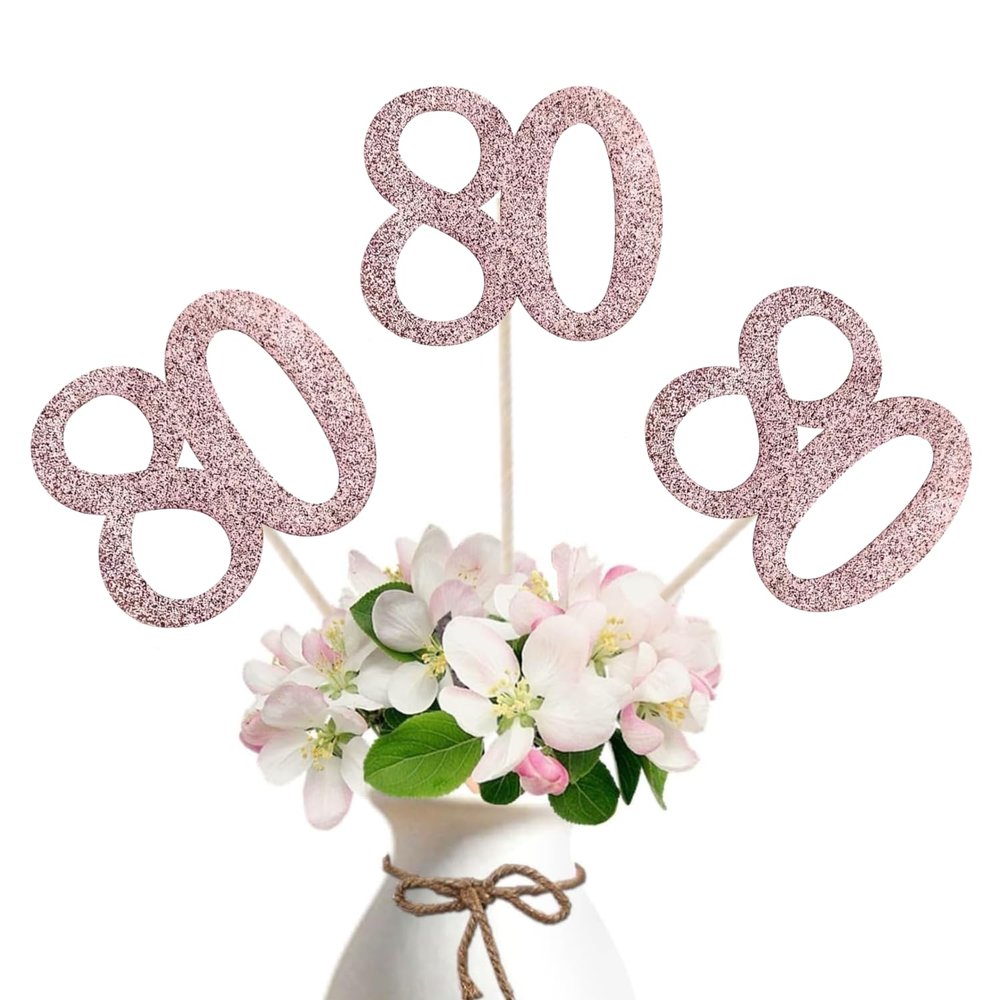 10-Pack Double Sided Glitter 80th Birthday Centerpiece Anniversary Centerpiece Sticks, Number 80 Table Topper Cake Topper for 80th Birthday Anniversary Table Party Decorations (Double Sided rose gold)