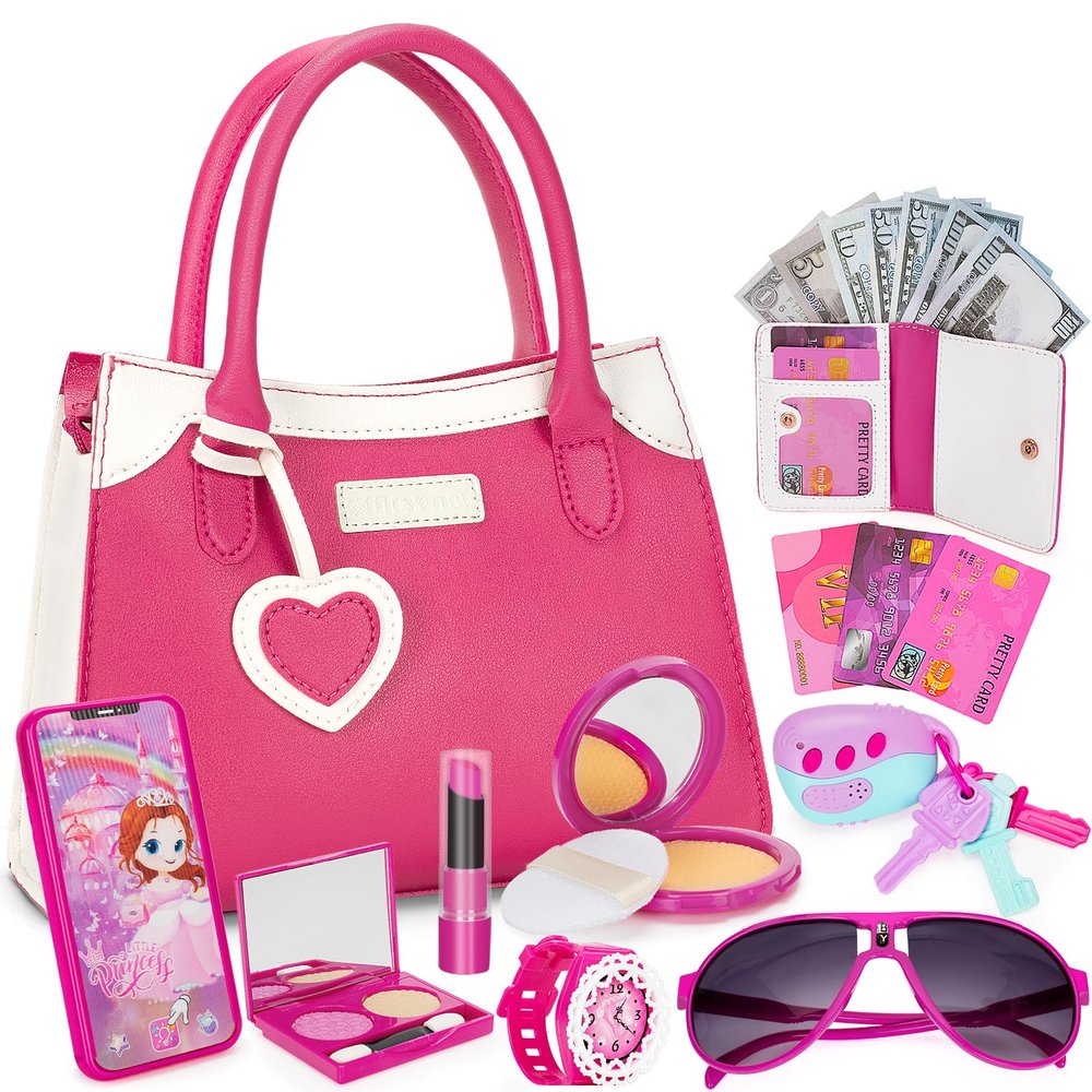 Officygnet Play Purse for Little Girl, Pretend Princess Play Girls Toys for 3 4 5 6 7 8 Year Old, Toddler Purse with Accessories, Kids Toy Purse Birthday for Girls Ages 3-5 4-5 6-8
