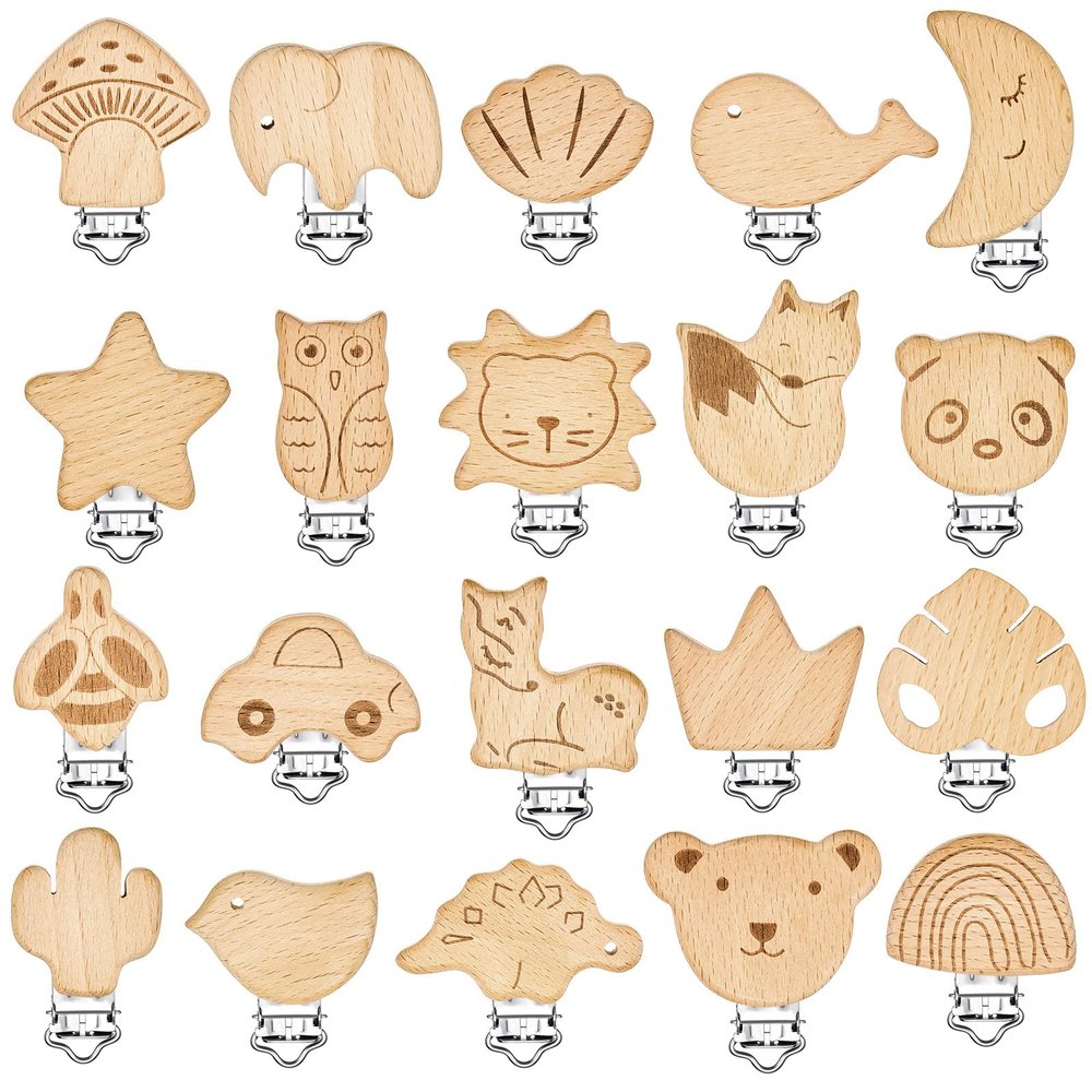 20 Pieces Wood Pacifier Clips Toy Suspender Clips Charm DIY Pacifier Holder for Baby Toddler Teething Grasping Accessory