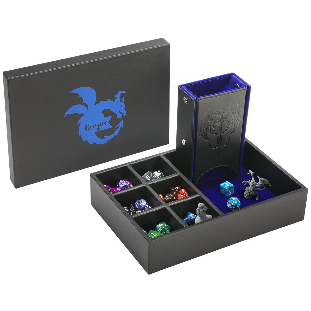 Grajar 3 in 1 Dice Tray with Lid, Portable Dice Box Storage for DND, Dungeons and Dragons, D&D, MTG & RPG Games - Blue