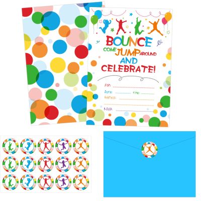 30 Pack Bounce House or Jumping Birthday Party Invitation Jump Bounce House Party Invitation Cards, 30 Trampoline Sticker Labels with 30 Envelopes Bounce House Party Decorations Supplies for Boys