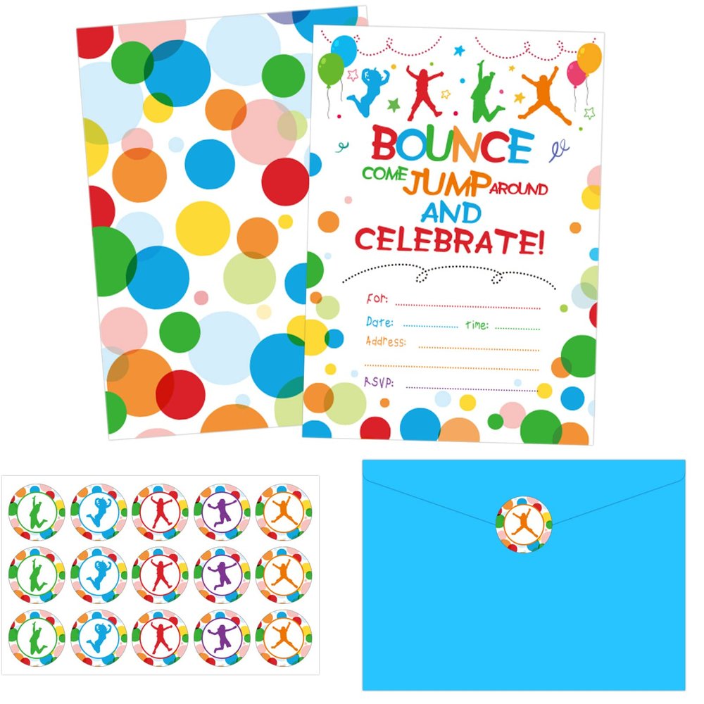 30 Pack Bounce House or Jumping Birthday Party Invitation Jump Bounce House Party Invitation Cards, 30 Trampoline Sticker Labels with 30 Envelopes Bounce House Party Decorations Supplies for Boys