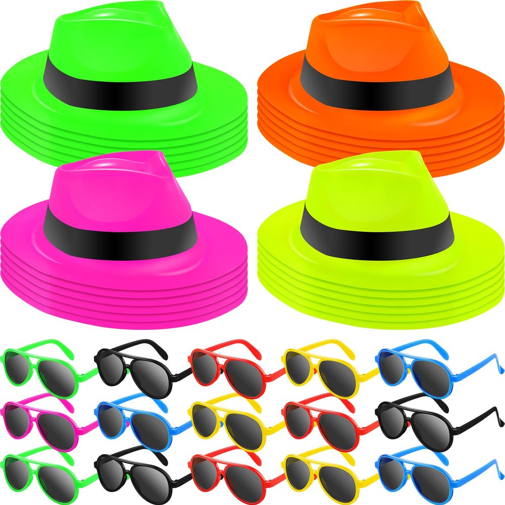 Jecery 48 Pcs Neon Party Supplies 80's Style Party Favors 24 Hat with 24 Sunglasses Glowing Stars Rave Hats Neon Supplies for Birthday Gangster Music Props Favors