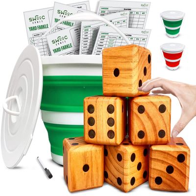 SWOOC Yardzee, Farkle & 20+ Games - Light-Weight Yard Dice Game Set (All Weather) with Collapsible Bucket, 5 Big Laminated Score Cards, and Marker (Choose 2.5in or 3.5in Dice) Yard Games