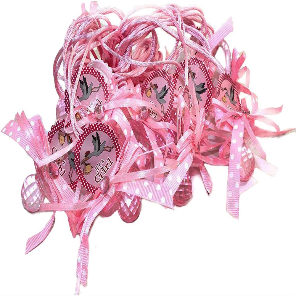 12 PCS Pacifier Baby Stork Bird Polka Dot Acrylic Ribbon Necklaces Baby Shower Game Favors Prize Decorations Boy Girl (Pink)