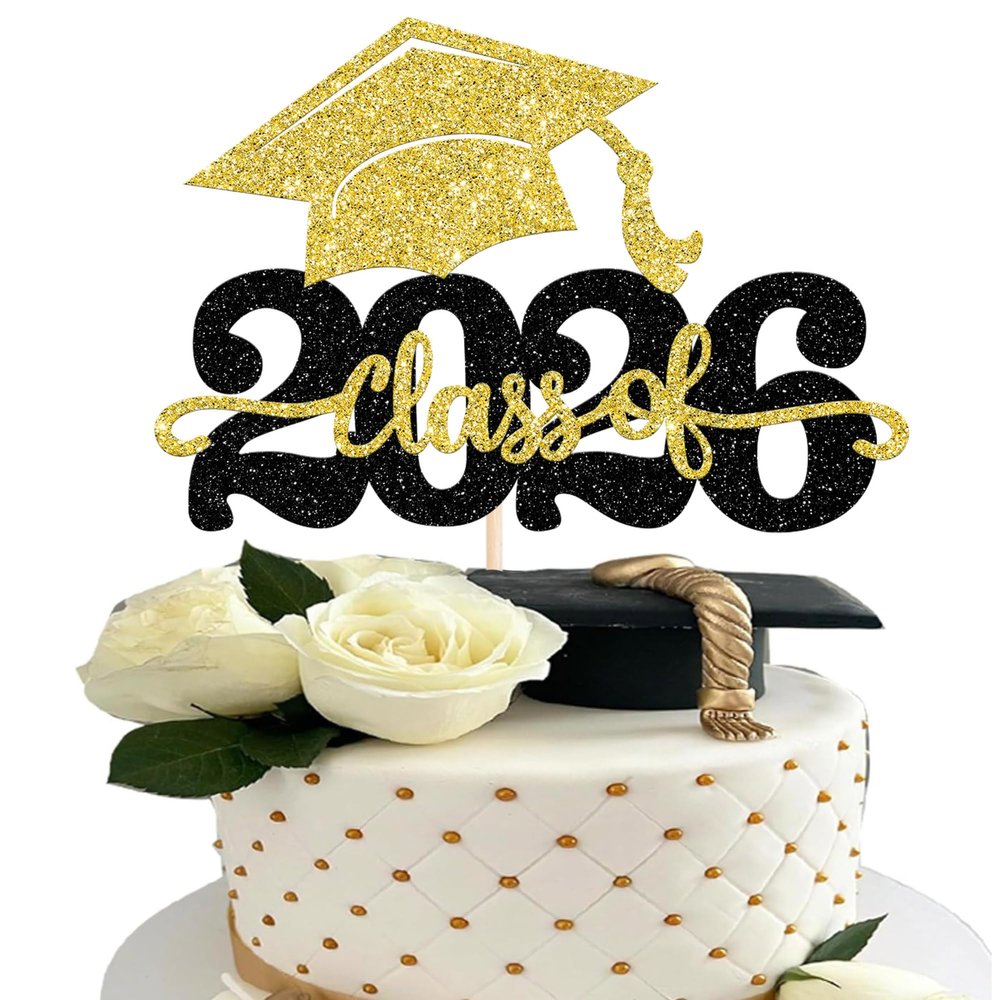 1 Pack Class of 2025 Cake Topper Glitter Congrats Grad Cap 2025 Graduation Cake Pick for 2025 Graduation Theme High School Boys Girls Graduate Party Cake Decorations Supplies Black Gold