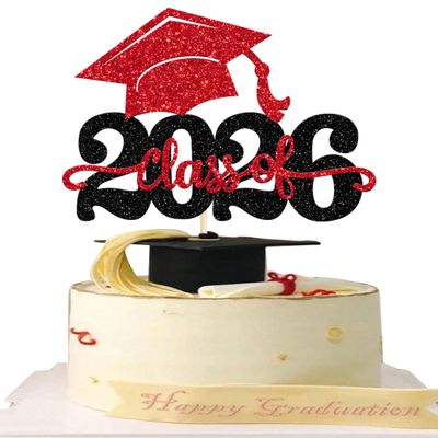 1 Pack Class of 2026 Cake Topper Glitter Congrats Grad Cap 2026 Graduation Cake Pick for 2026 Graduation Theme High School Boys Girls Graduate Party Cake Decorations Supplies Black Red