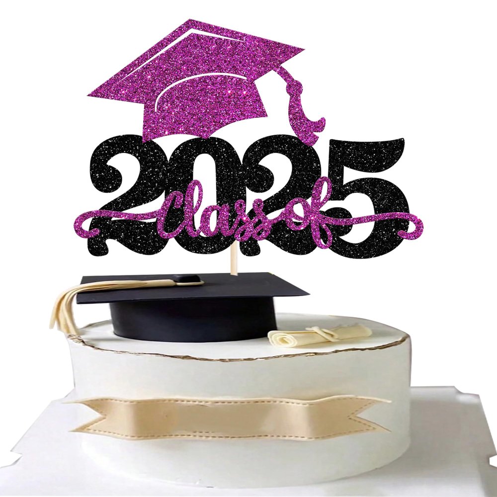 1 Pack Class of 2026 Cake Topper Glitter Congrats Grad Cap 2026 Graduation Cake Pick for 2026 Graduation Theme High School Boys Girls Graduate Party Cake Decorations Supplies Black Purple