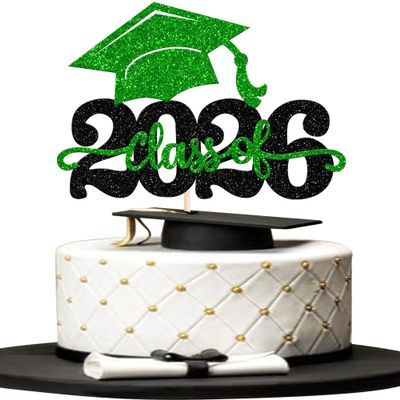 1 Pack Class of 2026 Cake Topper Glitter Congrats Grad Cap 2026 Graduation Cake Pick for 2026 Graduation Theme High School Boys Girls Graduate Party Cake Decorations Supplies Black Green