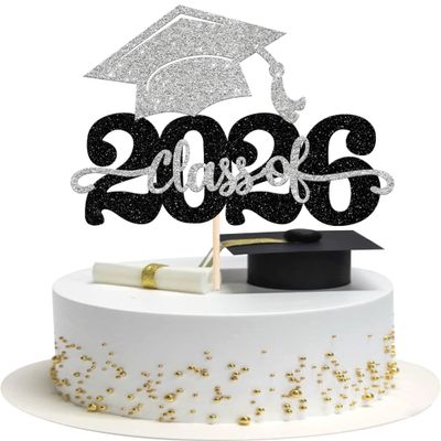 1 Pack Class of 2026 Cake Topper Glitter Congrats Grad Cap 2026 Graduation Cake Pick for 2026 Graduation Theme High School Boys Girls Graduate Party Cake Decorations Supplies Black Silver