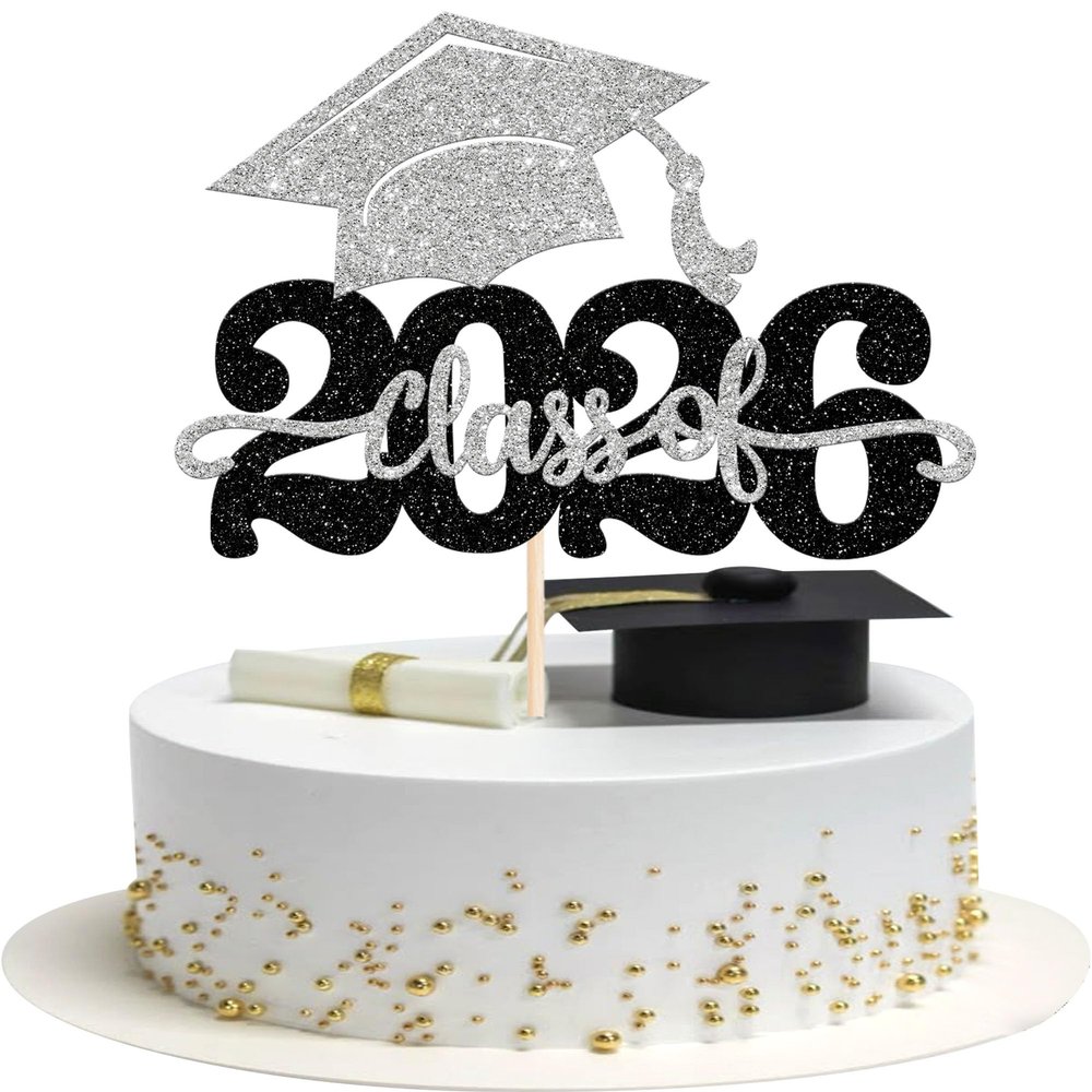 1 Pack Class of 2026 Cake Topper Glitter Congrats Grad Cap 2026 Graduation Cake Pick for 2026 Graduation Theme High School Boys Girls Graduate Party Cake Decorations Supplies Black Silver