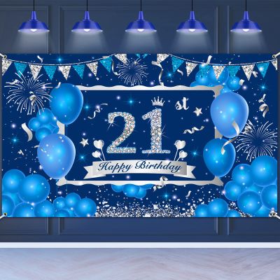 Blue 21st Birthday Decorations Banner for Men Women - Navy Silver Backdrop, Party Supplies 72.8 x 43.3 Inch