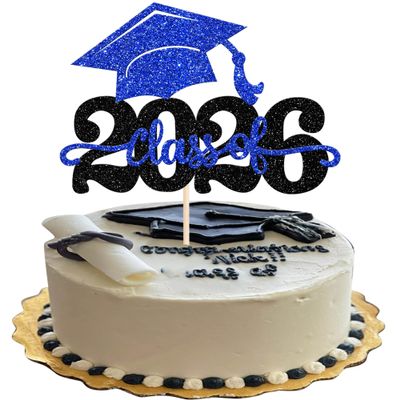 1 Pack Class of 2025 Cake Topper Glitter Congrats Grad Cap 2025 Graduation Cake Pick for 2025 Graduation Theme High School Boys Girls Graduate Party Cake Decorations Supplies Black Blue