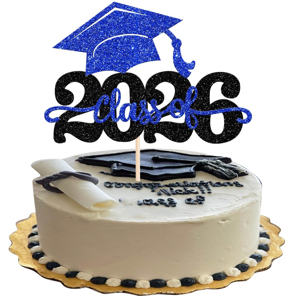 1 Pack Class of 2025 Cake Topper Glitter Congrats Grad Cap 2025 Graduation Cake Pick for 2025 Graduation Theme High School Boys Girls Graduate Party Cake Decorations Supplies Black Blue