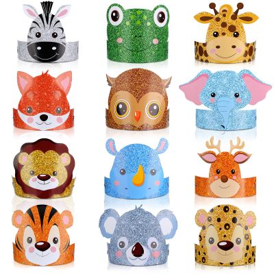Gersoniel 24 Pcs Animal Birthday Party Hats Animal Headbands Jungle Safari Animal Paper Party Crown for Girls Kids (Jungle Animal)