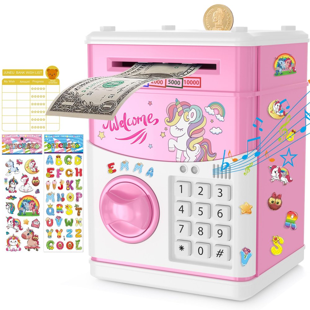 JUNEU Unicorn Piggy Bank for Kids, Gifts for 5 6 7 8 9 10 Year Old Girls, Kids Electronic Piggy Bank, Girls Birthday Gifts, Educational Toys for Girl Boys, Kid Money Saving Box, Mini ATM Coin Bank