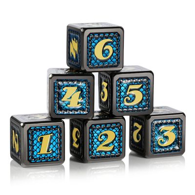 DNDND Dragon Scale D6 Meta Dice, 6 PCS Dragon Scale Metal D6 Dice with Free Black Velvet Bag for DND Pathfinder Shadowrun or GURPs (Teal Skin with Black Edge)