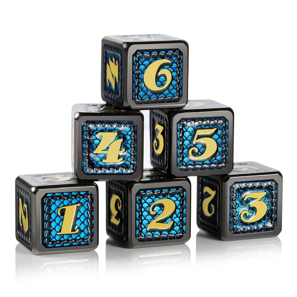 DNDND Dragon Scale D6 Meta Dice, 6 PCS Dragon Scale Metal D6 Dice with Free Black Velvet Bag for DND Pathfinder Shadowrun or GURPs (Teal Skin with Black Edge)