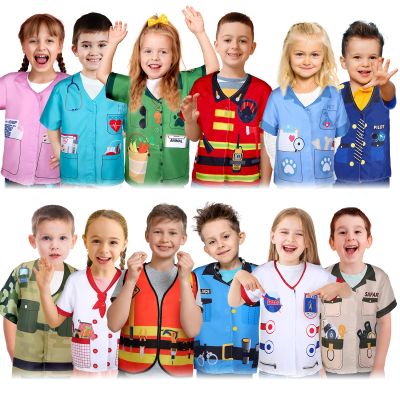 Jiuguva 12 Pcs Kids Role Play Costume Dress up Clothes for Kids Community Helper Career Cosplay Doctor Construction Workers Fireman Police Halloween Costumes for Career Day Pretend Play