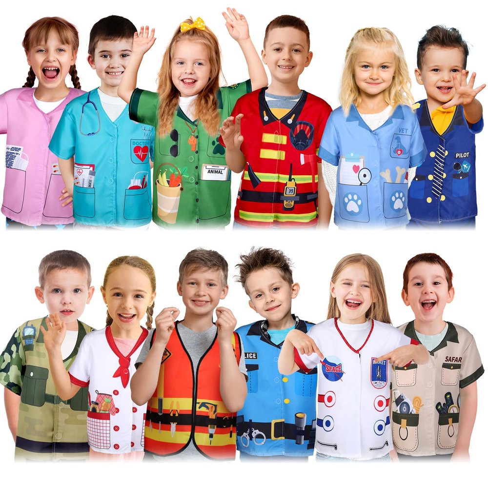 Jiuguva 12 Pcs Kids Role Play Costume Dress up Clothes for Kids Community Helper Career Cosplay Doctor Construction Workers Fireman Police Halloween Costumes for Career Day Pretend Play