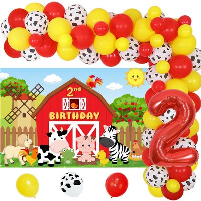 Farm Party Decorations 2nd Birthday Boys Girls Red Yellow Farm Animals Balloon Garland with 2nd Backdrop for Barnyard Farm Theme Birthday