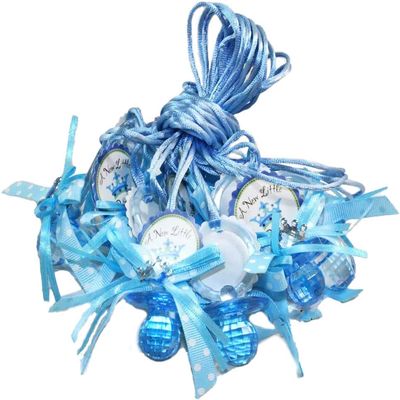 12 PCS Pacifier Ribbon Necklaces Little Prince and Princess with Crown Polka Dot Acrylic Baby Shower Game Favors Prize Decorations Boy Girl (Blue)