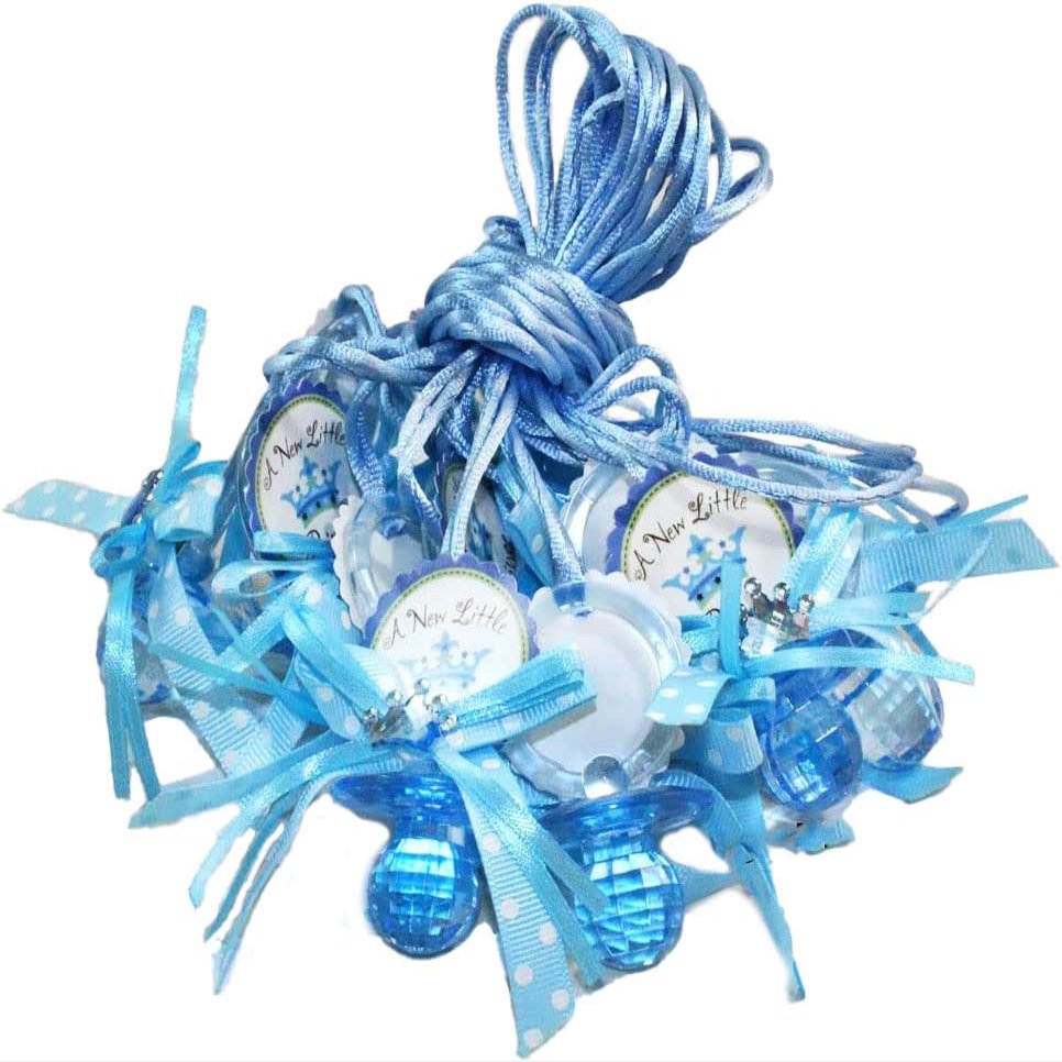 12 PCS Pacifier Ribbon Necklaces Little Prince and Princess with Crown Polka Dot Acrylic Baby Shower Game Favors Prize Decorations Boy Girl (Blue)
