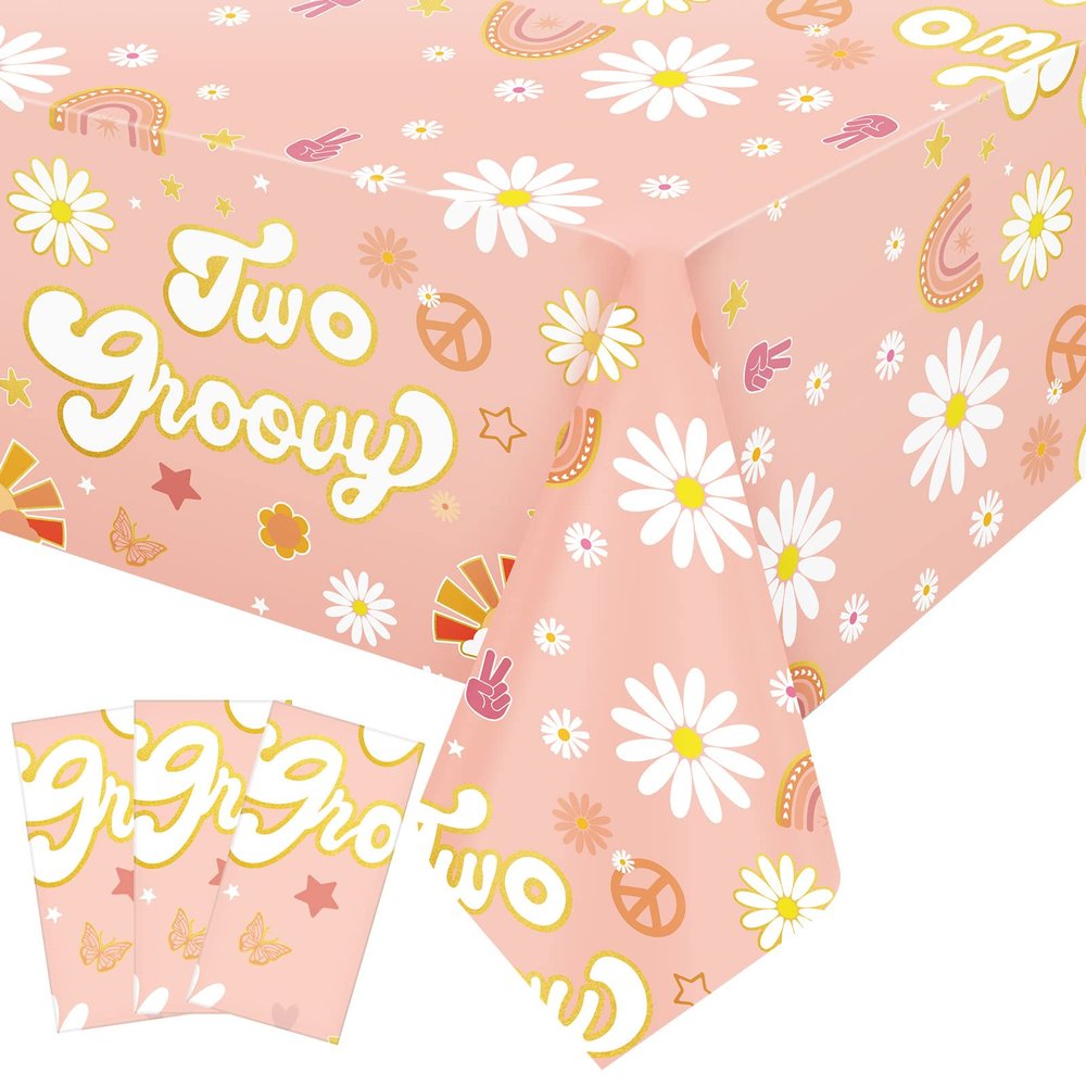 3 Pcs Two Groovy Table Cloth Tablecloths Groovy Table Covers Party Decorations Retro Hippie Boho Daisy Flower Bohemian Plastic Table Cloth Cover 60's Disposable Rainbow 54x108 Inches (Two Groovy)