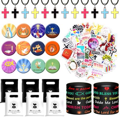 BANBALLON 98 PCS Bible Verse Party Favors, Jesus Party Favors Cross Necklace Goodie Bags with Stickers, Rubber Bracelets, Button Pins and Bags for Christian Gathering Party Supplies Decorations