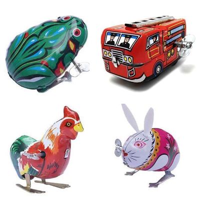 4 Pack Clockwork Spring Wind Up Metal Jumping Frog Cock Rabbit Fire Truck, Retro Vintage Wind Up Clockwork Animal Party Favors Christmas Stocking Stuffers